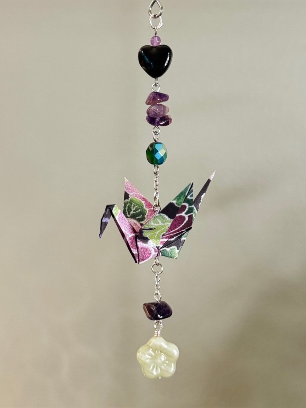 Origami Ornament #2515 - Small Crane with Glass and Amethyst Beads